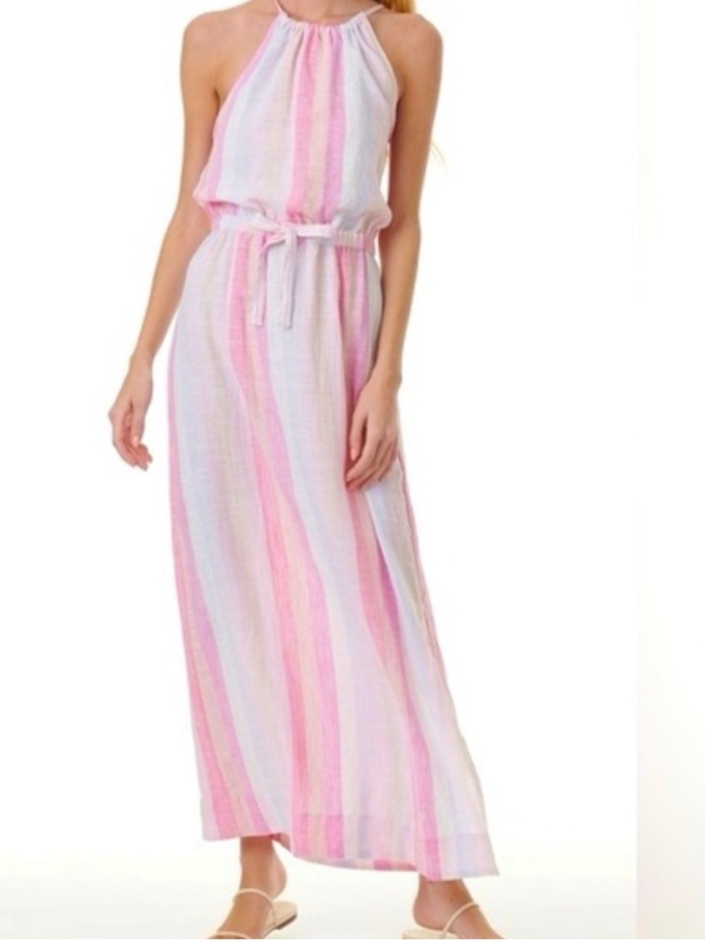 Splendid Pink & Purple Striped Halter Linen Maxi Dress with side slit